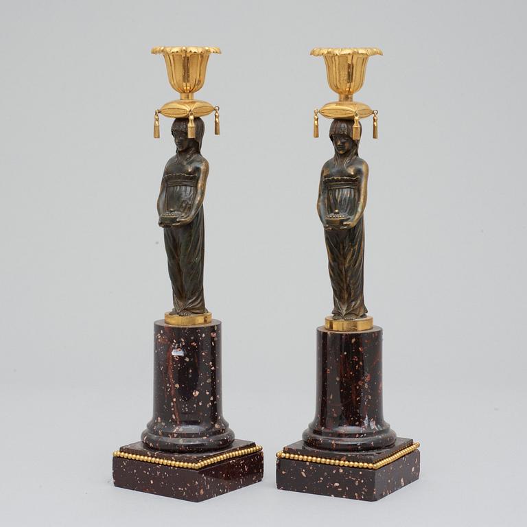 A pair of late Gustavian circa 1800 porphyry candlesticks.