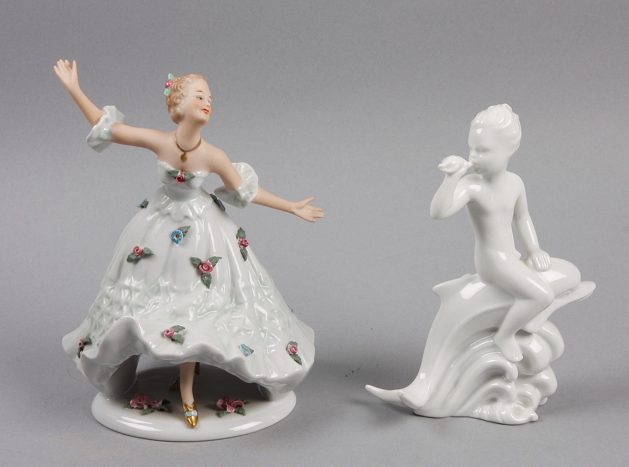 FIGURINER, 2 st, porslin, Rörstrand och Wallendorf.