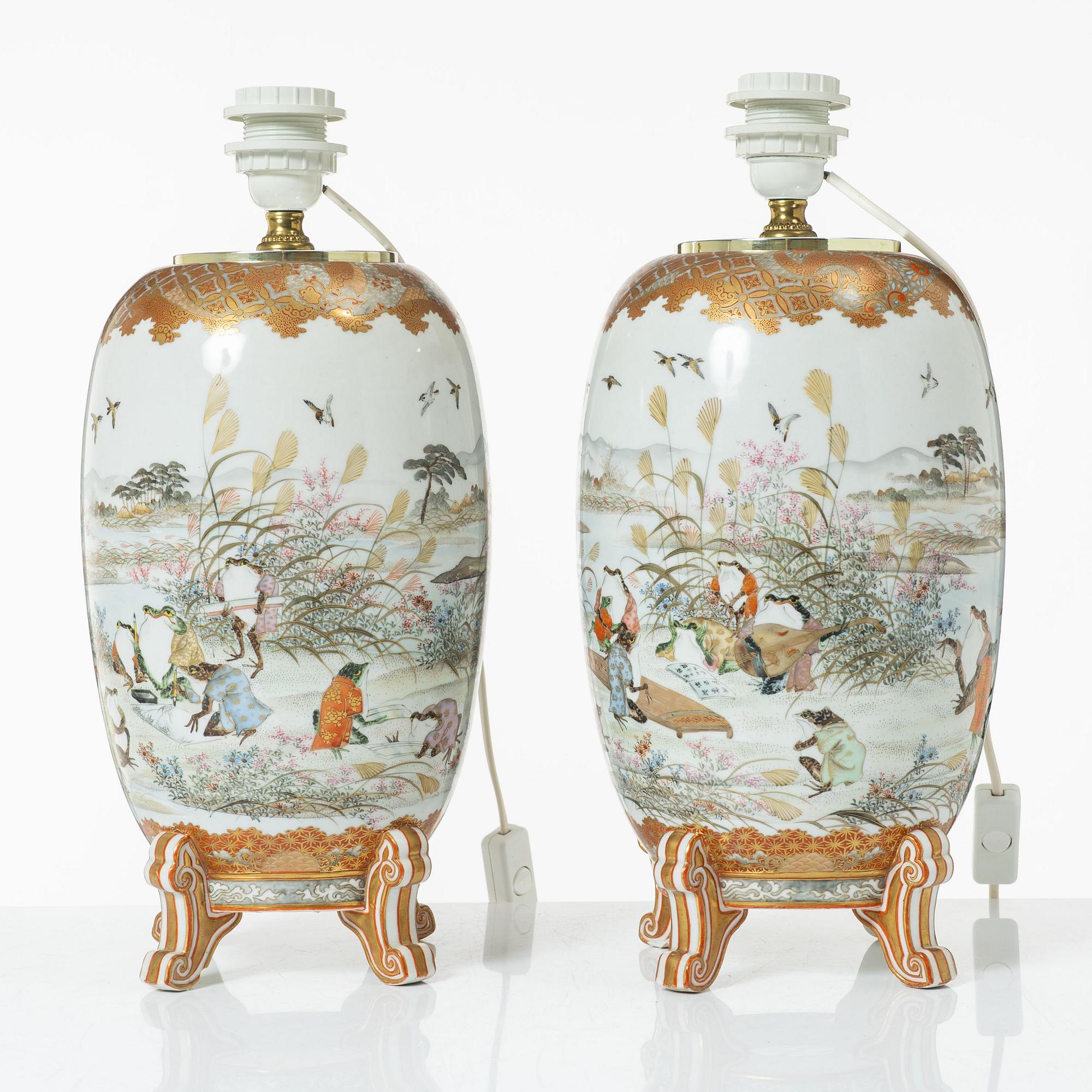 Bordslampor, ett par, porslin, Kutani, Watatani, Japan, 1900-tal.