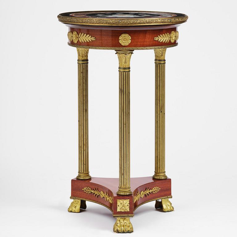 An Empire-style mahogany table with a pietre dure, micromosaic and specimen marble top, mid 19th century.