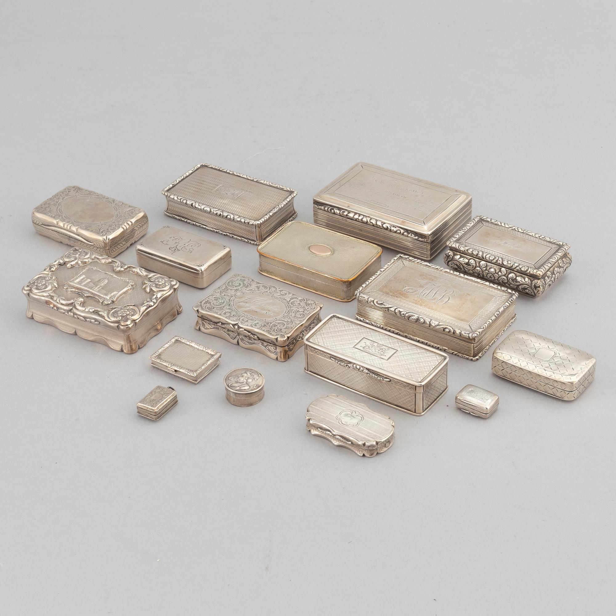 16 silver boxes, including Nathaniel Mills, Birmingham, 1825, John Lint, London, 1816, and Charles Cooke, 1908.