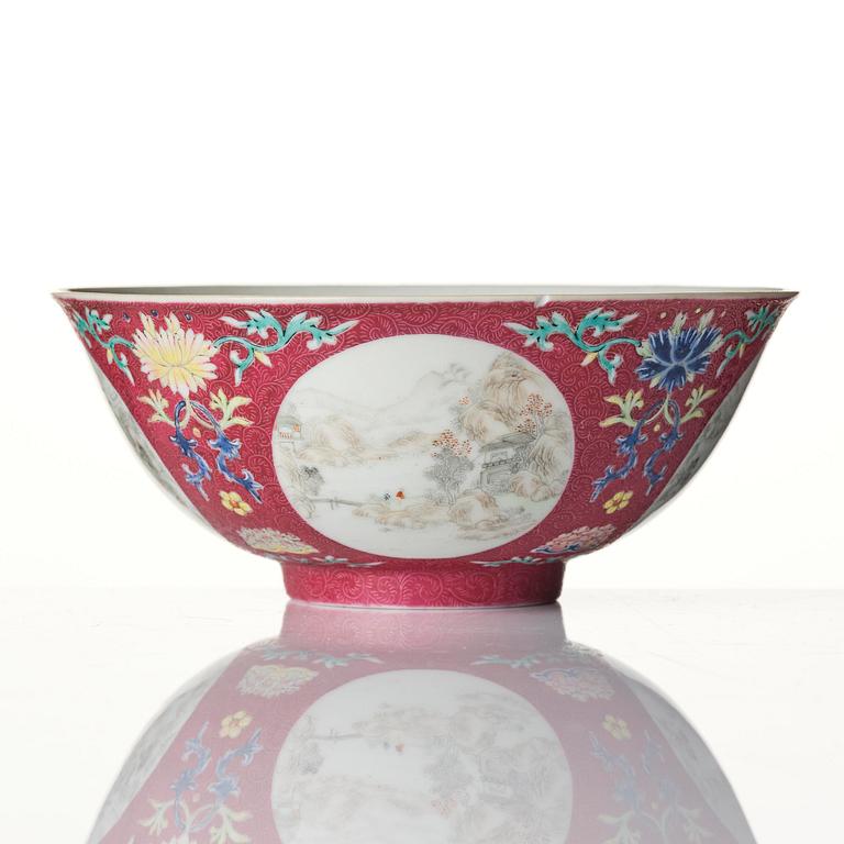 A famille rose ruby ground sgrafitto 'landscape' bowl, Qing dynasty, seal mark and period of Daoguang (1820-50).