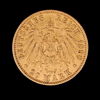 GULDMYNT, 20 mark, Wilhelm II, Tyskland 1890. Vikt ca 8 gram.