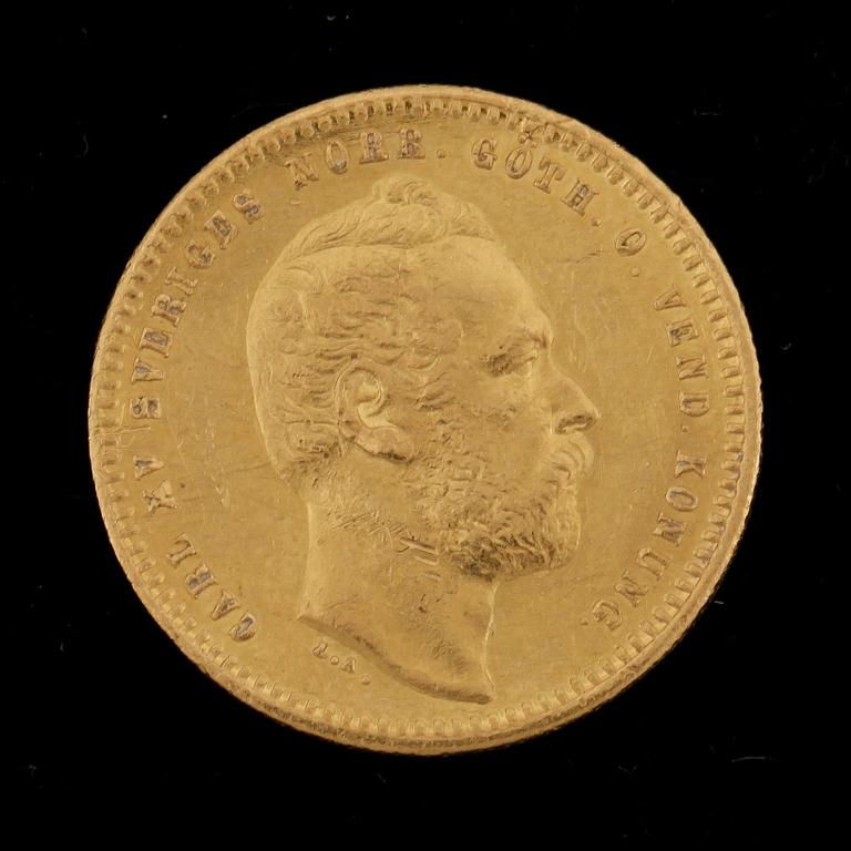GULDMYNT, dukat, Karl XV, Sverige-Norge 1864. Vikt ca 3 gram.