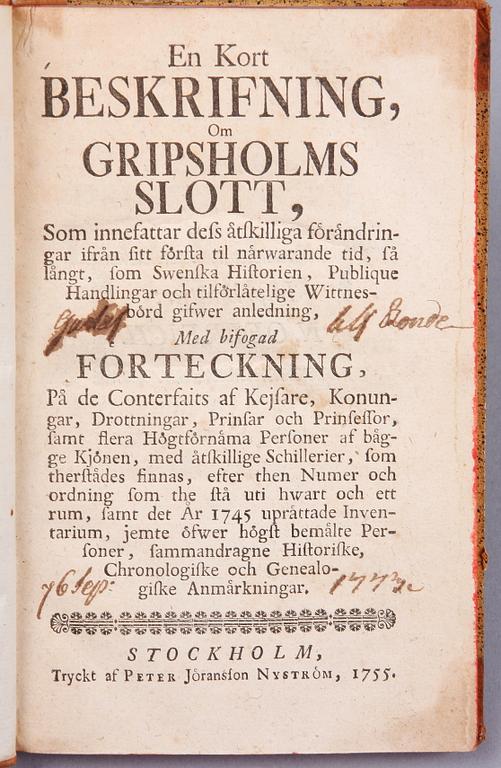 BOK, "En kort beskrifning om Gripsholms slott" av Carl Fredrich Ljungman, Stockholm 1755.