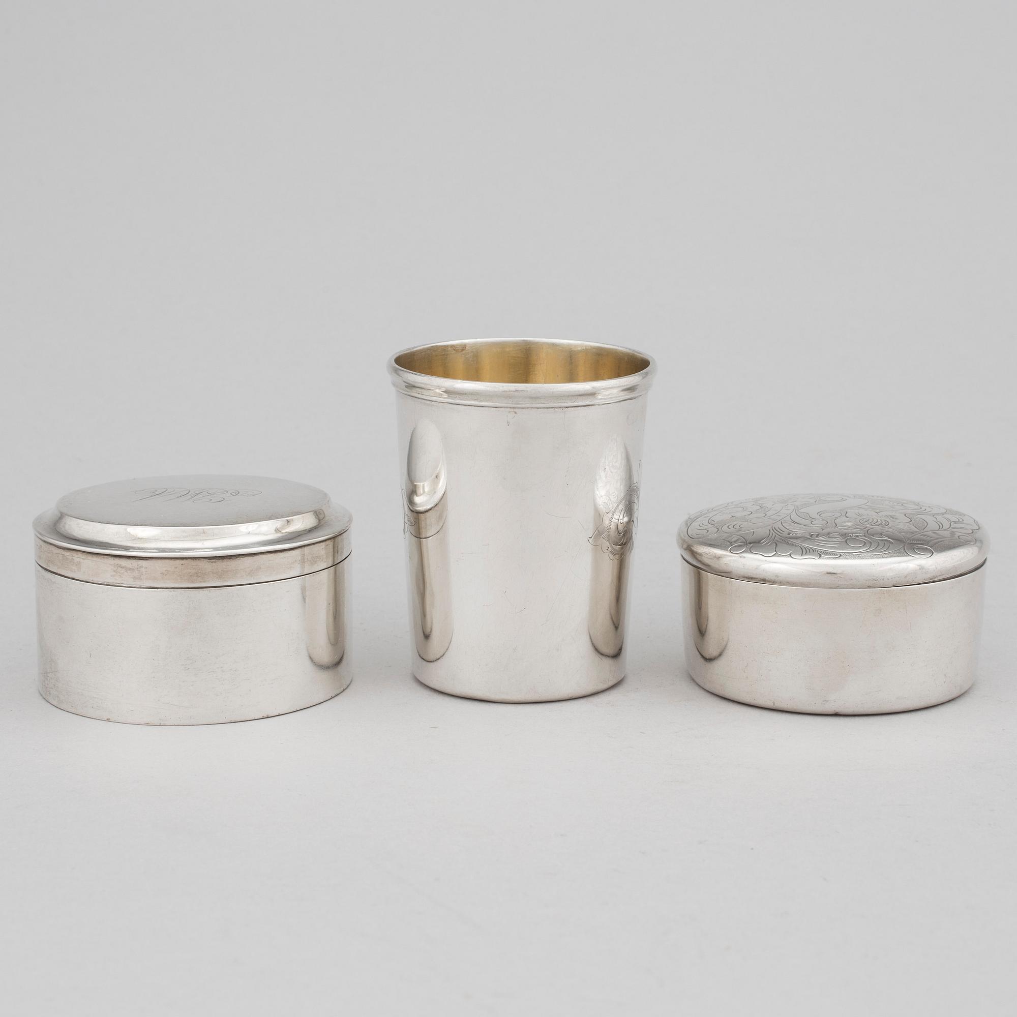 Two Swedish 19th Century silver boxes and one silver beaker, one made by Johan Petter Grönvall, 1827, Stockholm.