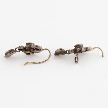 Earrings, two pairs, silver, enamel, pearls, glass stones.