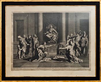 GRAVYRER, 2 st, efter N Poussin och C le Brun. 1700-tal.