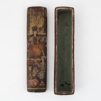 A painted box, India, early 20th Century. Accompanied by 4 Japanese and Chinese fans.