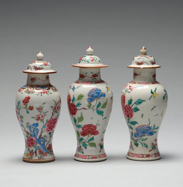 Three famille rose vases with covers, Qing dynasty, Qianlong (1736-95).