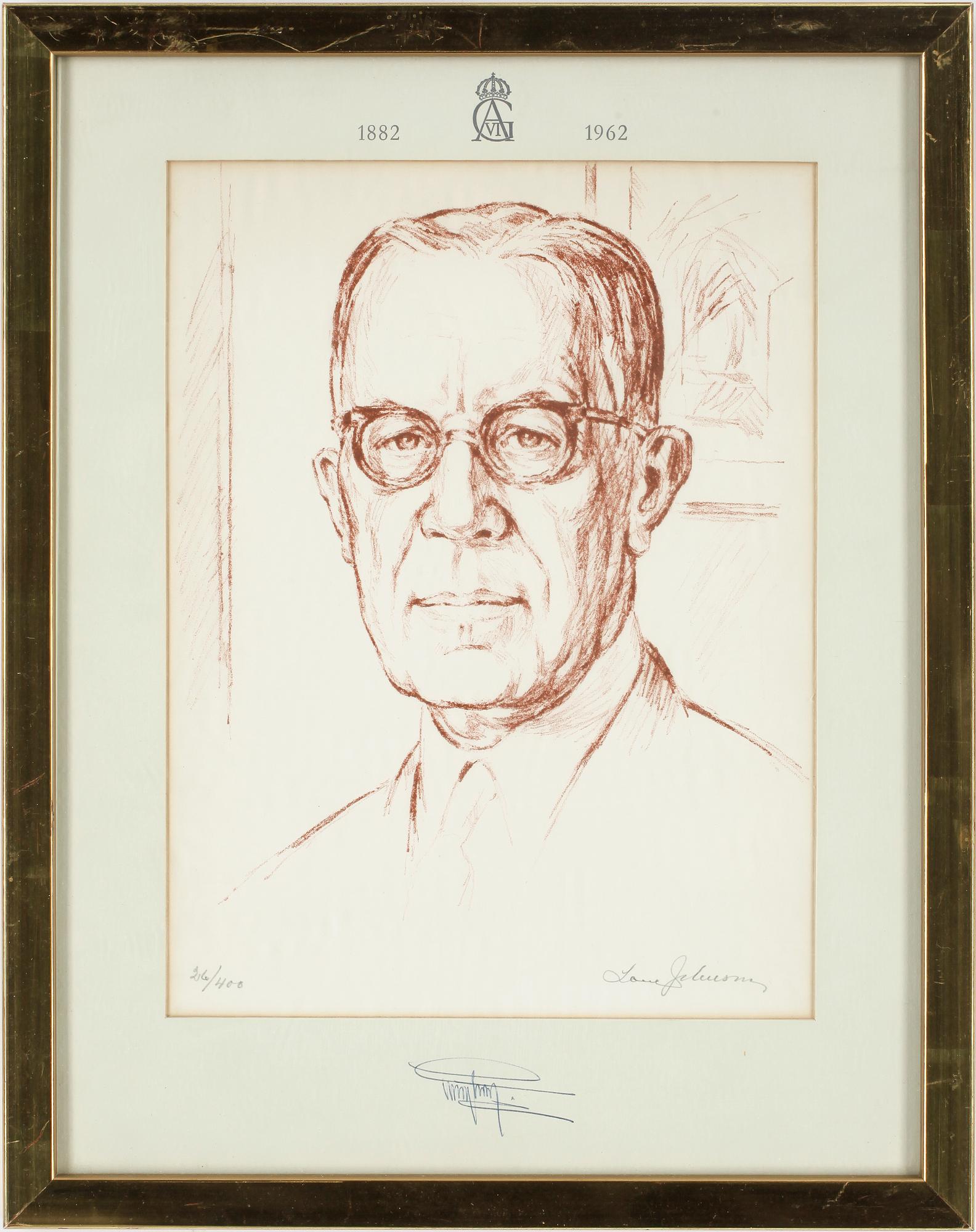 GUSTAF VI ADOLF AV SVERIGE, egenhändigt sign, otydlig konstnärssign, numrerad 26/400. 1962.