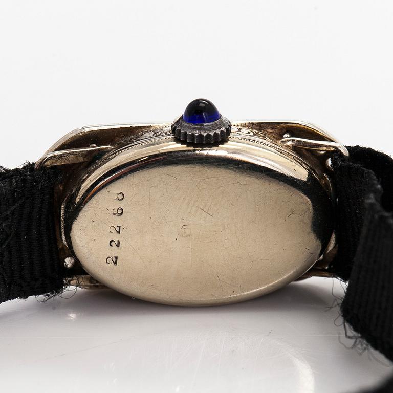 Wristwatch, 25 x 13 mm, Art Deco, rose cut diamonds, faceted sapphires, 18K white gold.