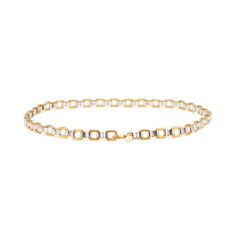 MIU MIU, silver colored patent-leather skinny belt with gold colored chaines.