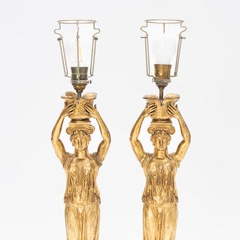 A pair of metal Empire style table lights, late 20th Century.