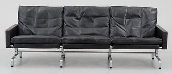 A Poul Kjaerholm black leather and steel base "PK-31-3" sofa, maker's mark E Kold Christensen, Denmark.