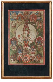 394. THANGKA, färgpigment på bomull och papper. Tibet, 17/1800-tal.