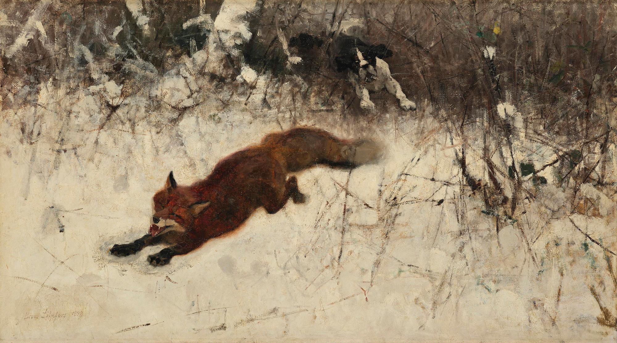 Bruno Liljefors, Winter hunting with fox and hound.