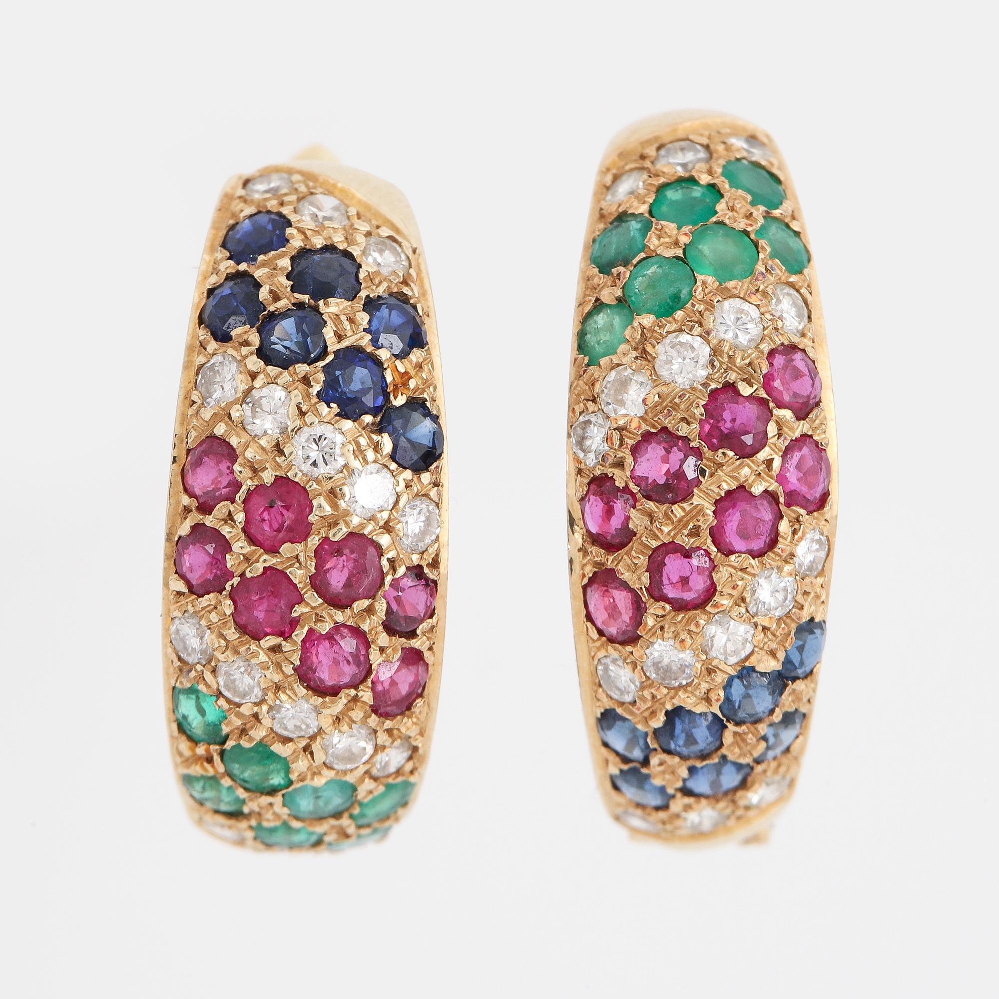 Diamond, ruby, emerald and sapphire earrings.