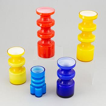 PO Ström, five glass vases, Alsterfors glasbruk, ca 1970.