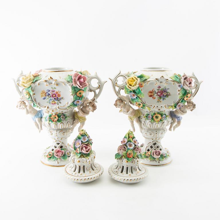 Potpourri urns 2 pcs Louis XV style Sitzendorf Germany first half of the 20th century porcelain.