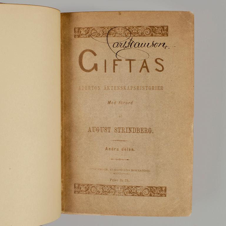 BÖCKER, 2 vol, "Giftas" I-II av August Strindberg, Stockholm 1884-86.