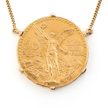 551B. Collier guld med infattat mexikanskt guldmynt.