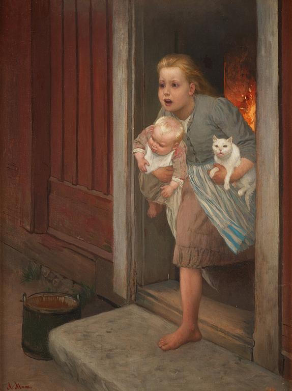 August Malmström, ”Elden är lös! Exteriör med två barn och en katt” (Fire! Exterior with two children and a cat).