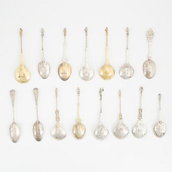 Fifteen silver spoons, Northern Europe, 19-20th century.