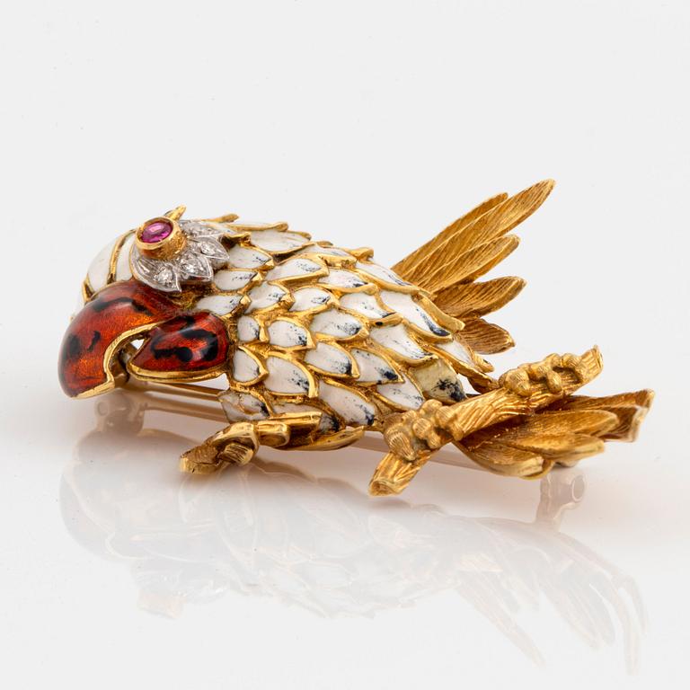 An 18K gold and enamel brooch set with eight-cut diamonds and a ruby.