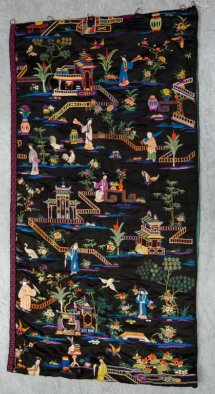 Three Chinese textiles, silk and cotton, 20th century.