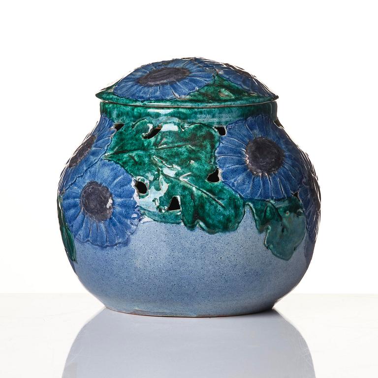 Hilma Persson-Hjelm, a glazed earthenware  art nouveau lidded vase, executed in her own studio, Arvika, 1920, No. 1008.