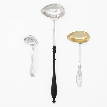 Ladle, sauce spoon, and sugar spoon, silver, Sweden and England circa 1800.