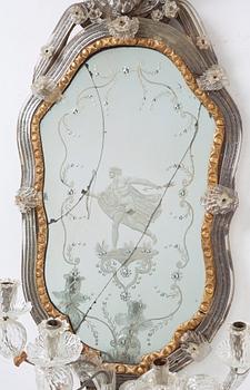 A pair of Venetian four-light girandole mirrors attributed to Briati family, circa 1730.