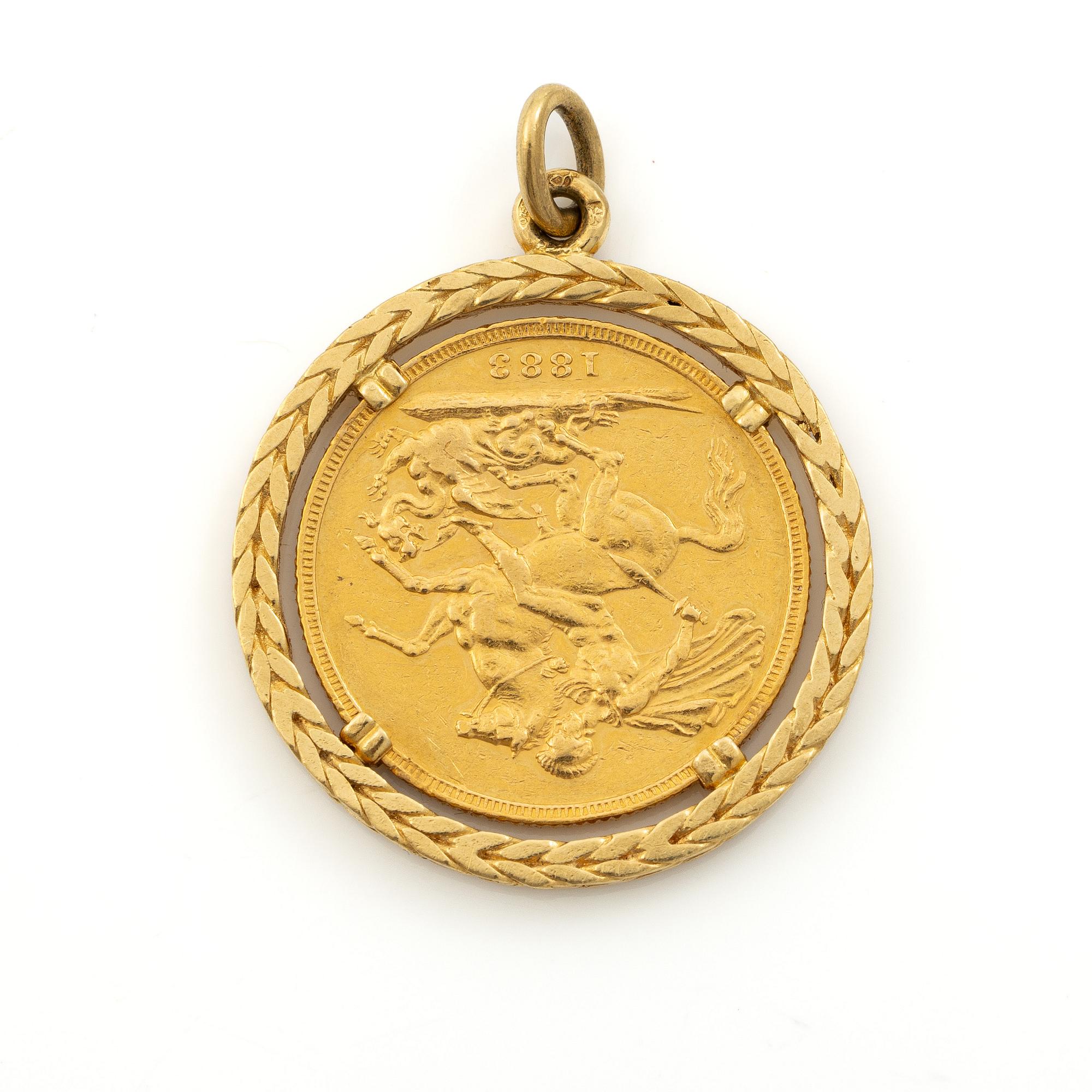 Gold coin, Great Britain, Victoria,  Sovereign, 1883, mounted as a pendant.