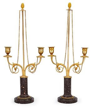 601. Two similar late Gustavian circa 1800 porphyry and gilt bronze two-light candlesticks.