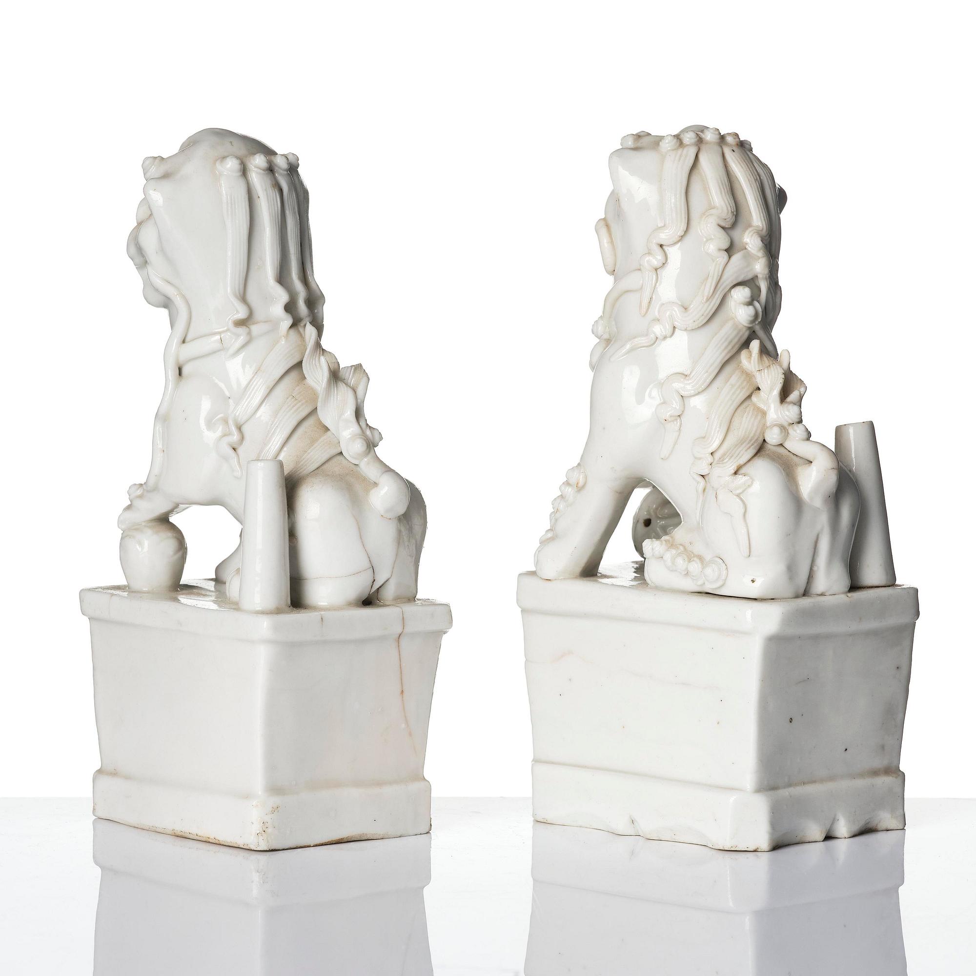 Two blanc de chine figures of buddhist lions/joss stick holders, Qing dynasty, Kangxi (1662-1722).