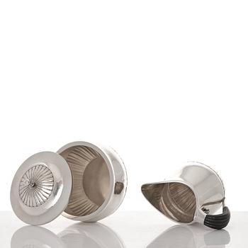 Johan Rohde, a three pieces sterling silver coffee service "Cosmos", Georg Jensen, Copenhagen 1945-77, design nr 45 A + D.