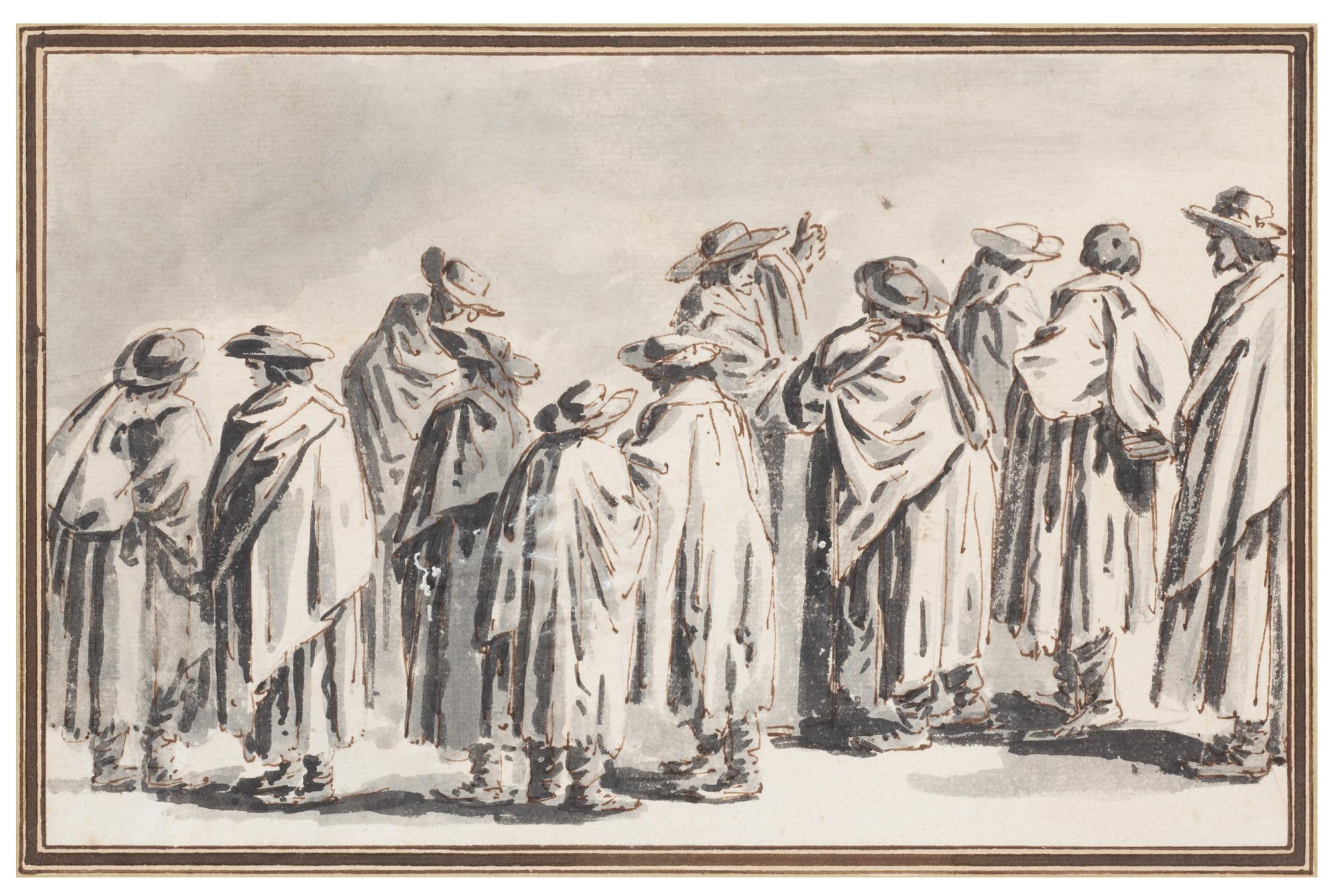 Francesco Guardi Tillskriven, Komposition med figurer i långa rockar.