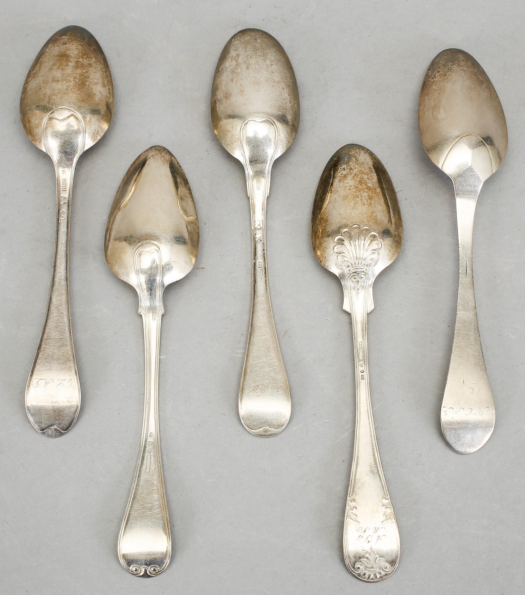 SOPPSLEV samt 5st SKEDAR, silver, bland annat Gustaf Åberg, Jönköping, 1800. Skedarnas vikt ca 274g.
