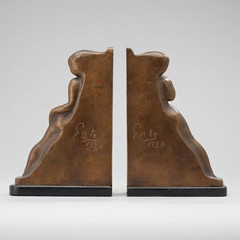 A pair of Axel Gute bronze bookends, Stockholm 1920.