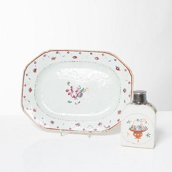 A Chinese export porcelain famille rose tea caddy and a serving dish, Qing dynasty, 18th century.