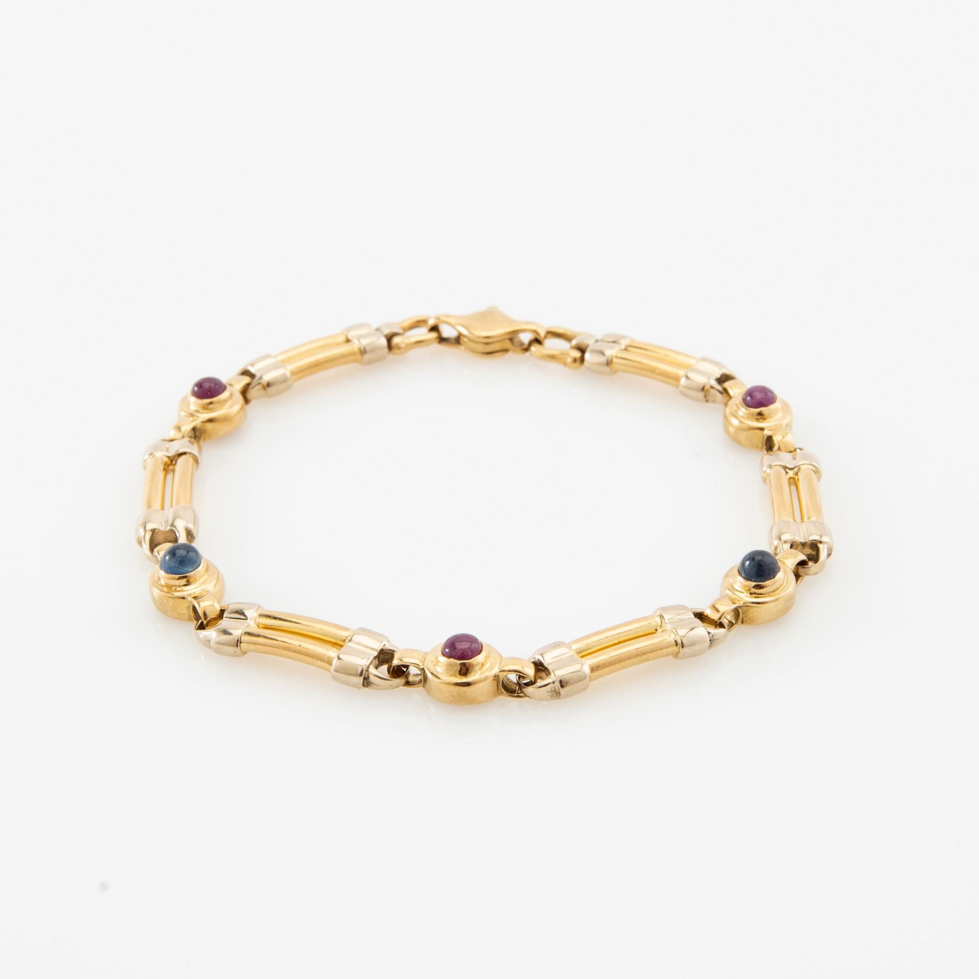 Bracelet 18K rose and white gold set with cabochon-cut sapphires and rubies, possibly Ancona Italy.