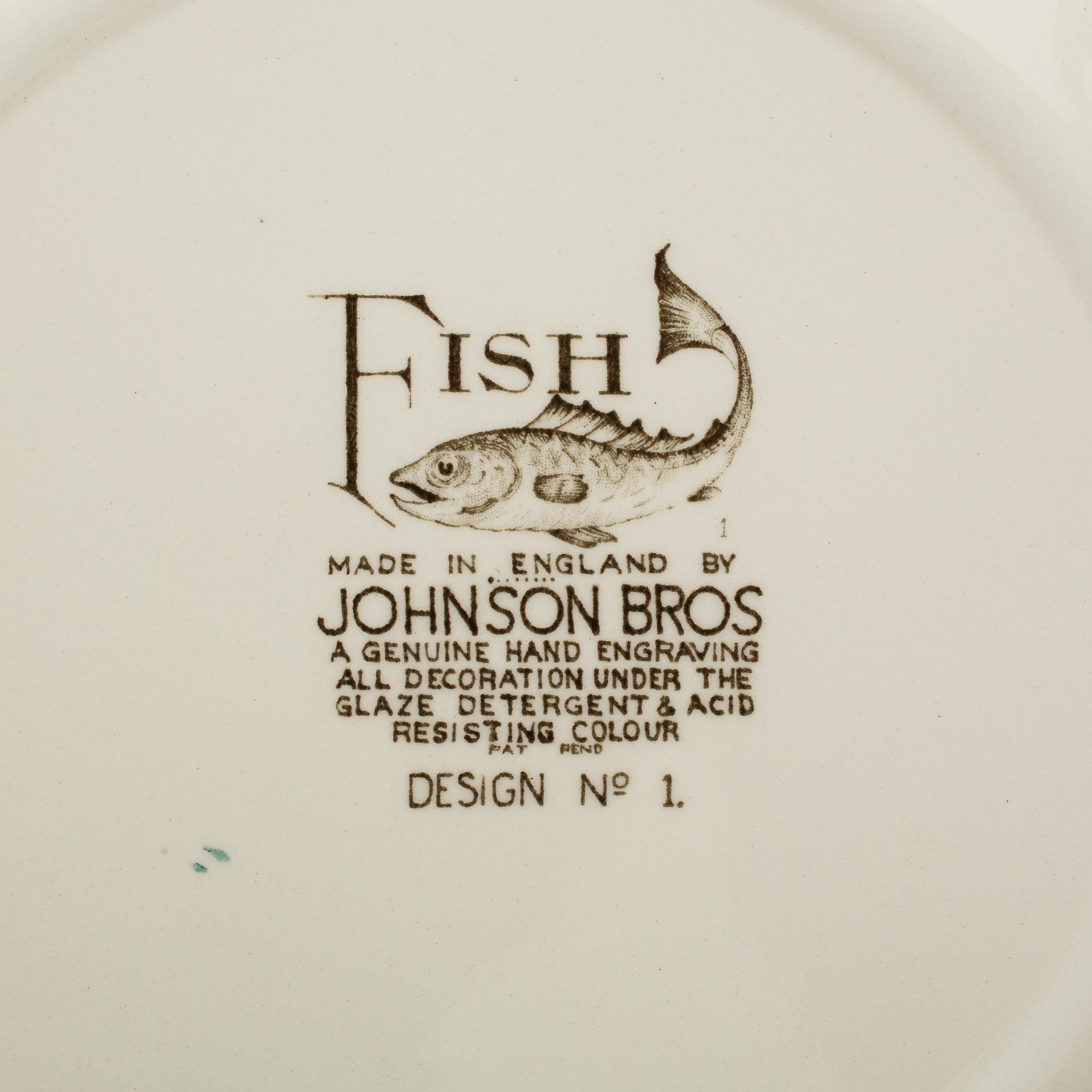 FISKSERVIS, 14 delar, flintgods, "Fish" Johnson Bros. England, 1900-talets andra hälft.