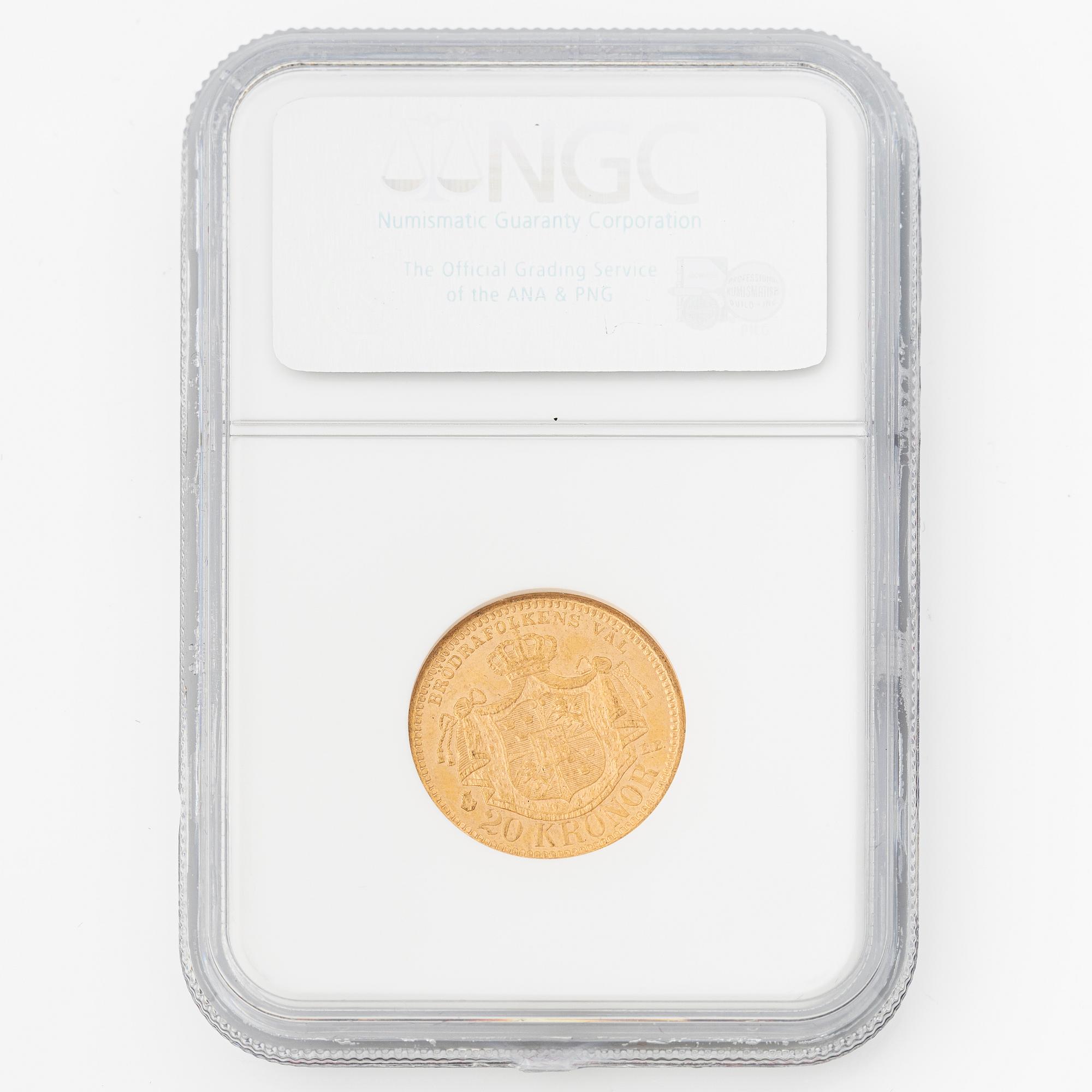 Gold coin, Oscar II, 20 kronor, Sweden 1885.