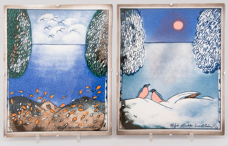 HELJÄ LIUKKO-SUNDSTRÖM, A set of two ceramic wall plaquets, signed. Arabia Finland.