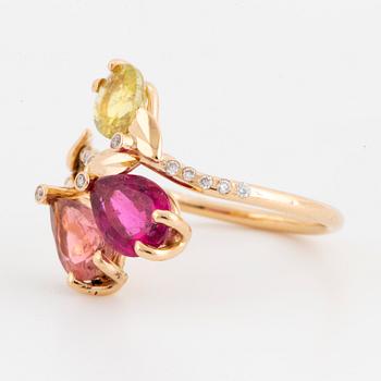 Multi-coloured tourmaline and brilliant-cut diamond spray ring.