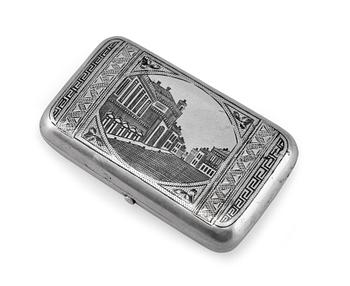 356. CIGARETTETUI, 84 silver, niello. Sergei Nazarov Moskva 1880 t. Vikt 158 g.