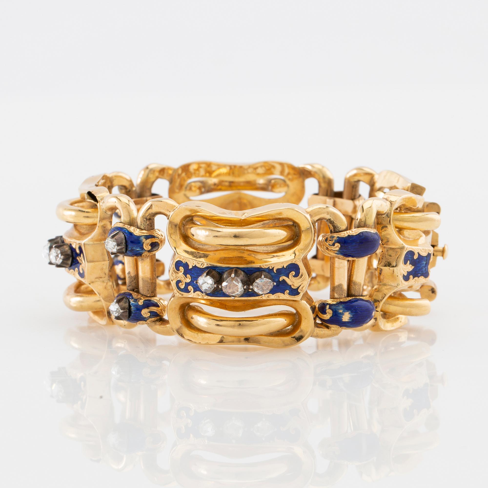 Armband 18K guld med emalj och rosenslipade diamanter, sannolikt Gustaf Adolf Cedergren Stockholm 1849.