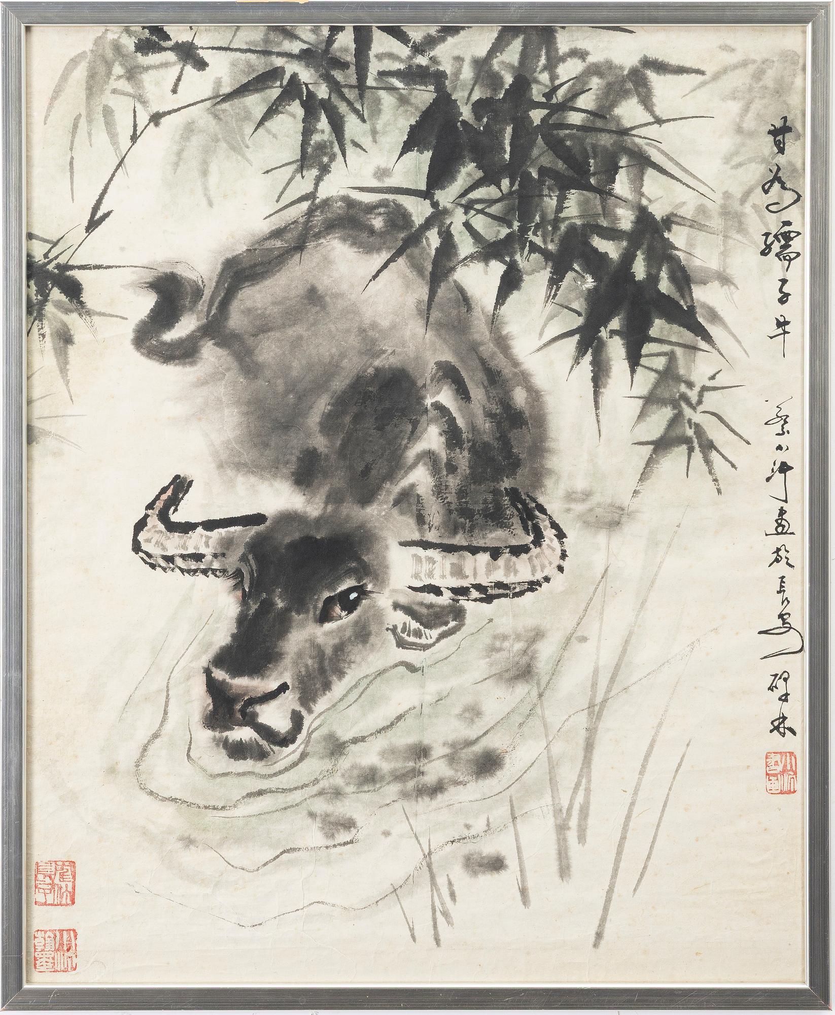 Cai Xiaoting, akvarell, Vattenbuffel, 1900-talets senare del.