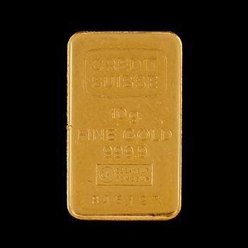 PLAKETT, Credit Suisse, fine gold 999,9 kt. Vikt 10 gram.